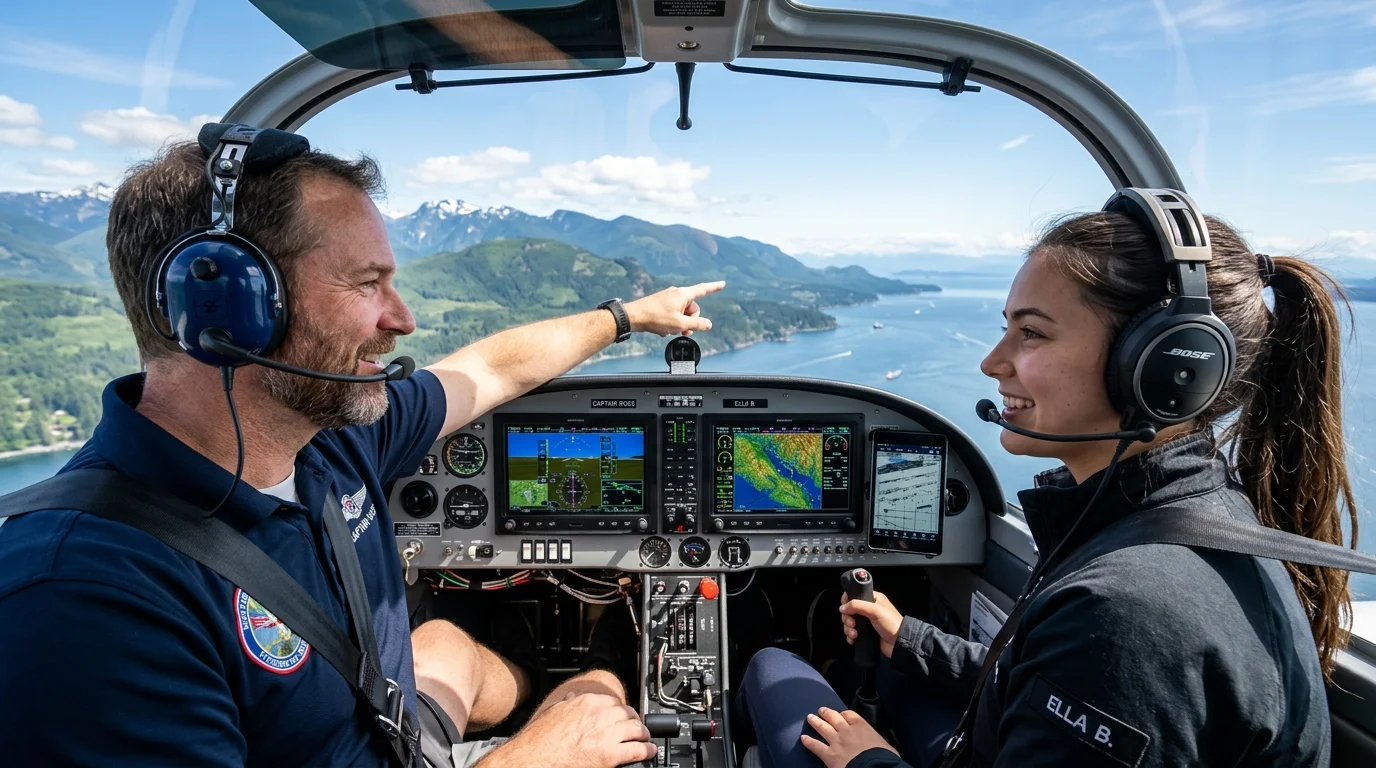 Student pilot and certified instructor in cockpit flying over Vancouver Island