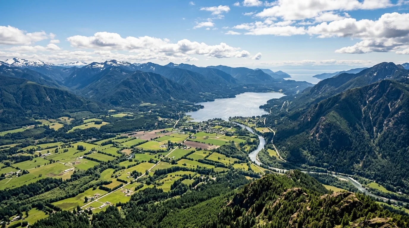 Scenic aerial view of Cowichan Valley lakes, mountains, and forests
