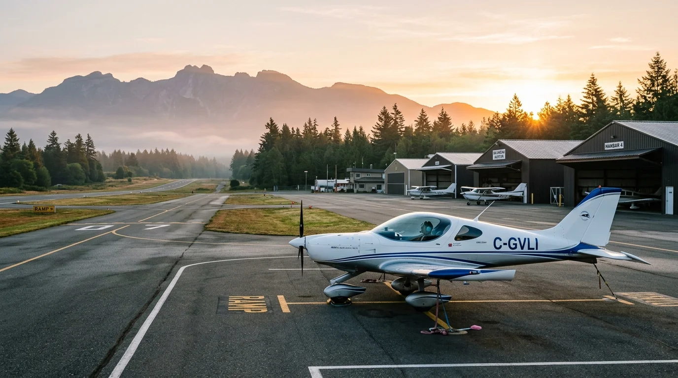 Aircraft on Duncan Airport runway at sunrise
