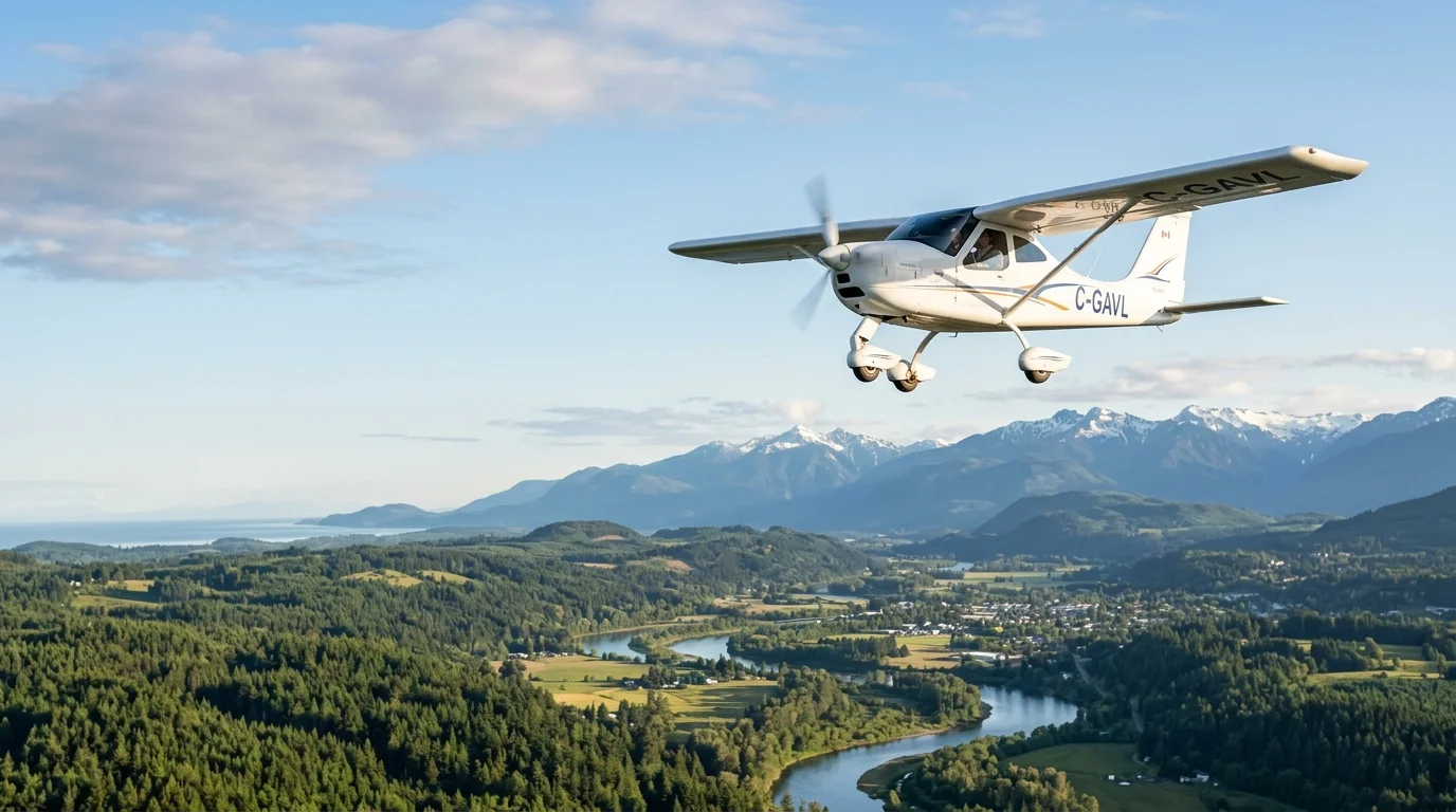 Modern ultralight aircraft flying above Cowichan Valley on Vancouver Island
