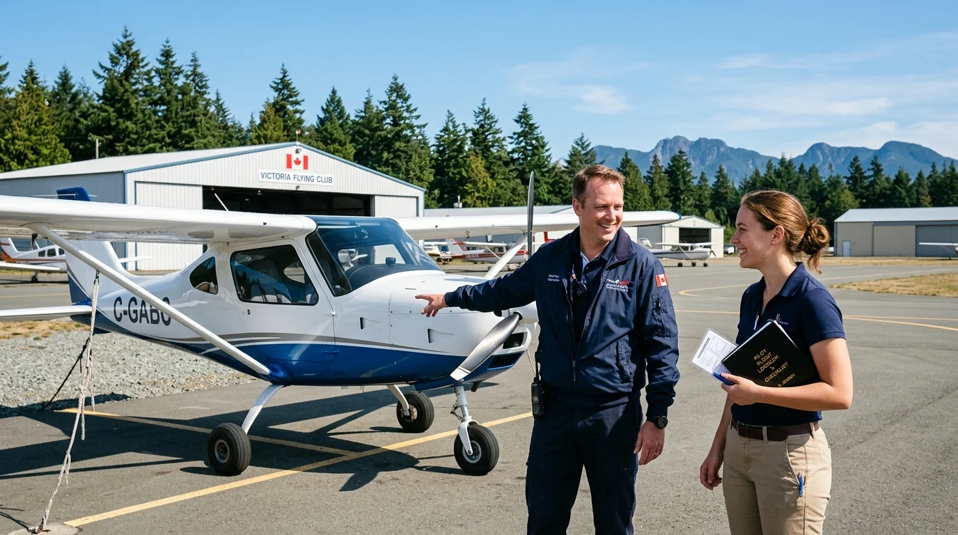 Student pilot and flight instructor reviewing aircraft walkaround at Duncan Airport
